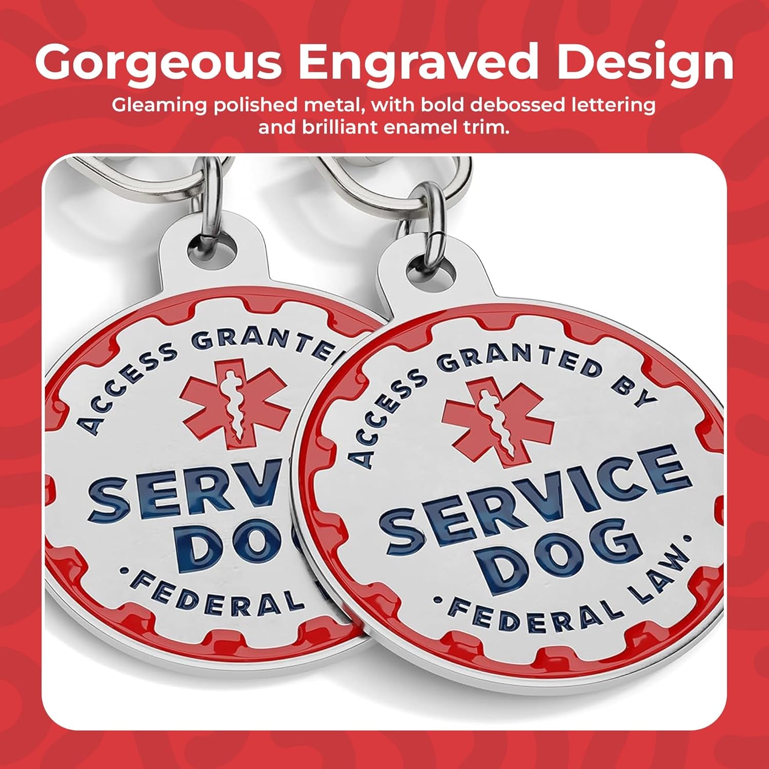 Service Dog Tag, 2 Pack: Metal Pet ID Tags for Service Animals, Emotional Support Dogs and Therapy Dogs, 1.25 Inch Diameter, Double Sided, Navy Lettering and Red Enamel Trim