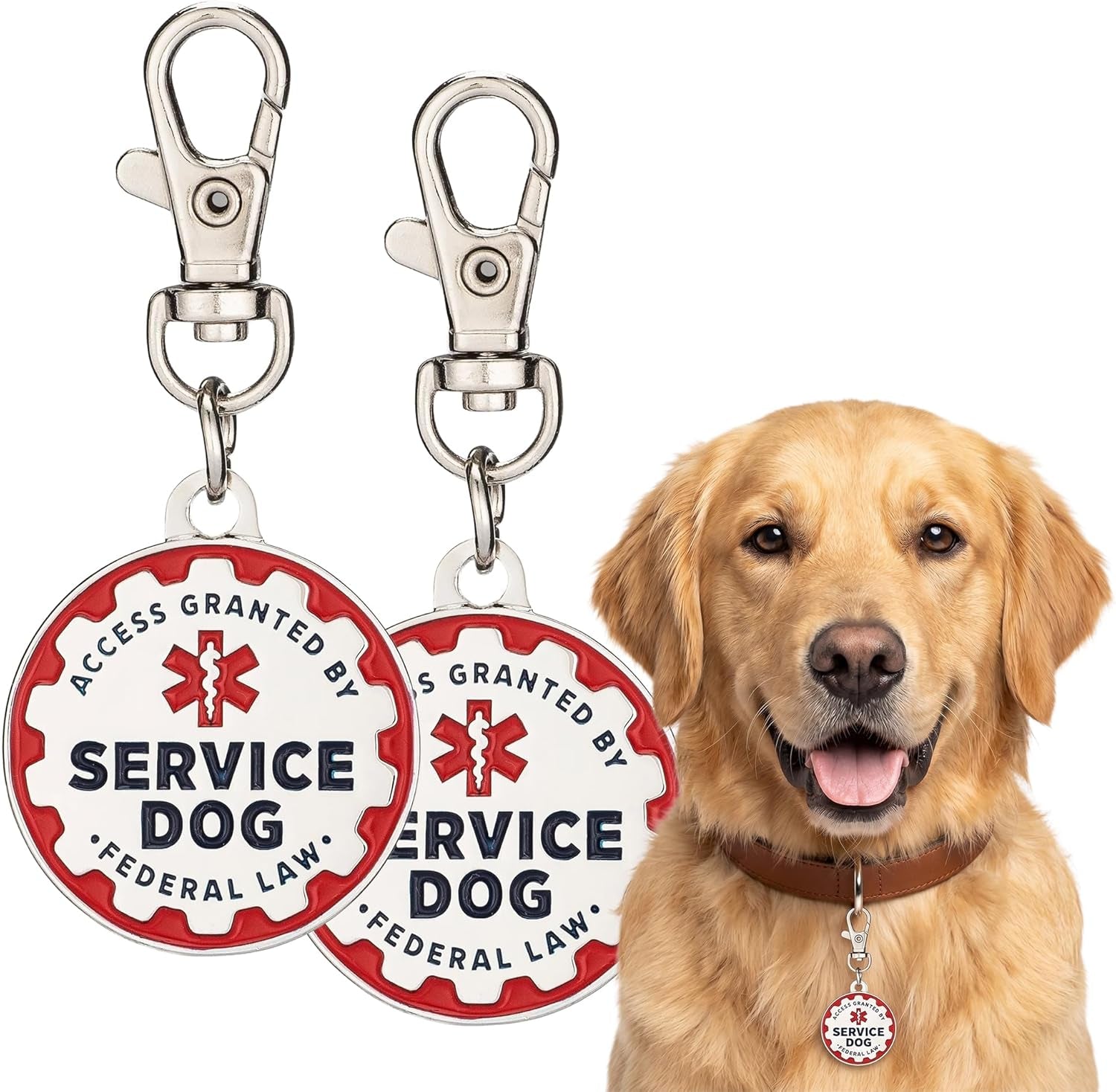 Service Dog Tag, 2 Pack: Metal Pet ID Tags for Service Animals, Emotional Support Dogs and Therapy Dogs, 1.25 Inch Diameter, Double Sided, Navy Lettering and Red Enamel Trim