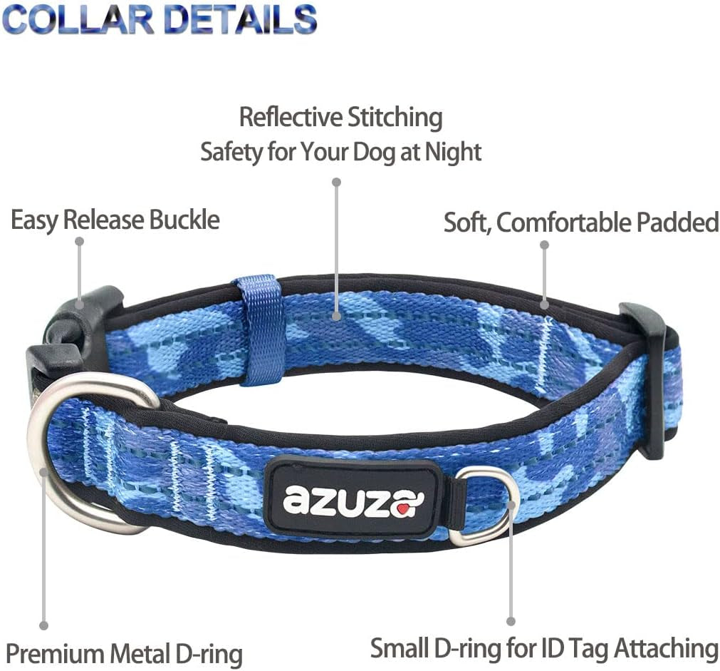 Reflective Dog Collar and Leash Set with Airtag Holder, Blue Camo Padded Collar with Matching Clip Handle Leash for Small Dogs