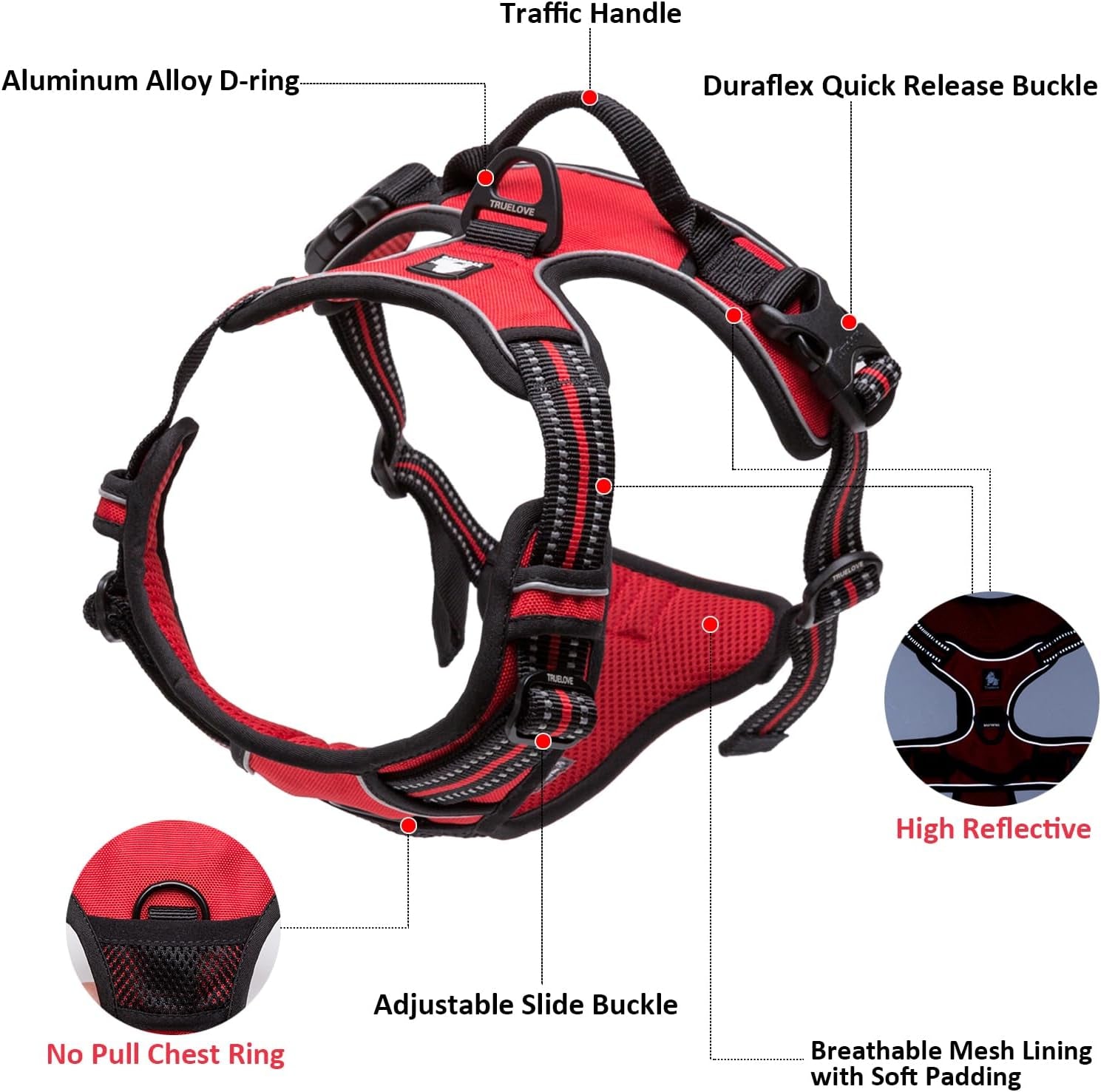 Adjustable No-Pull Dog Harness Reflective Pup Vest Harnesses Comfortable Control Brilliant Colors Truelove Tlh5651(Red,Xs)