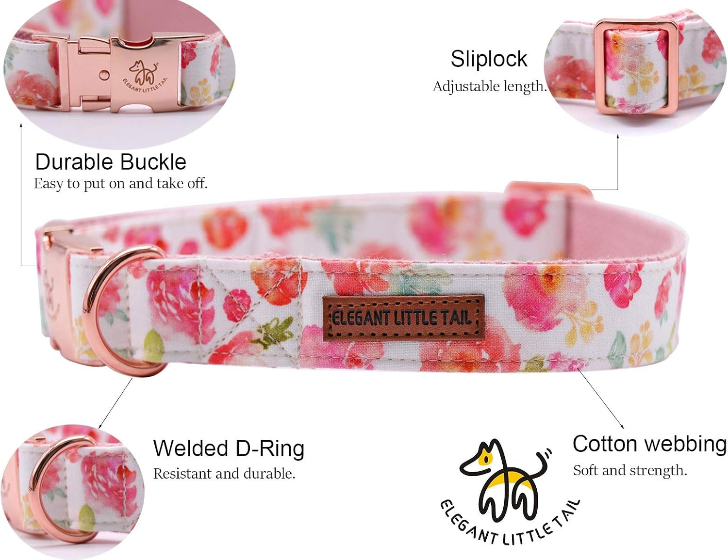 Dog Collar with Bow, Peach Floral Print Cotton & Webbing Bow Dog Collar Bow