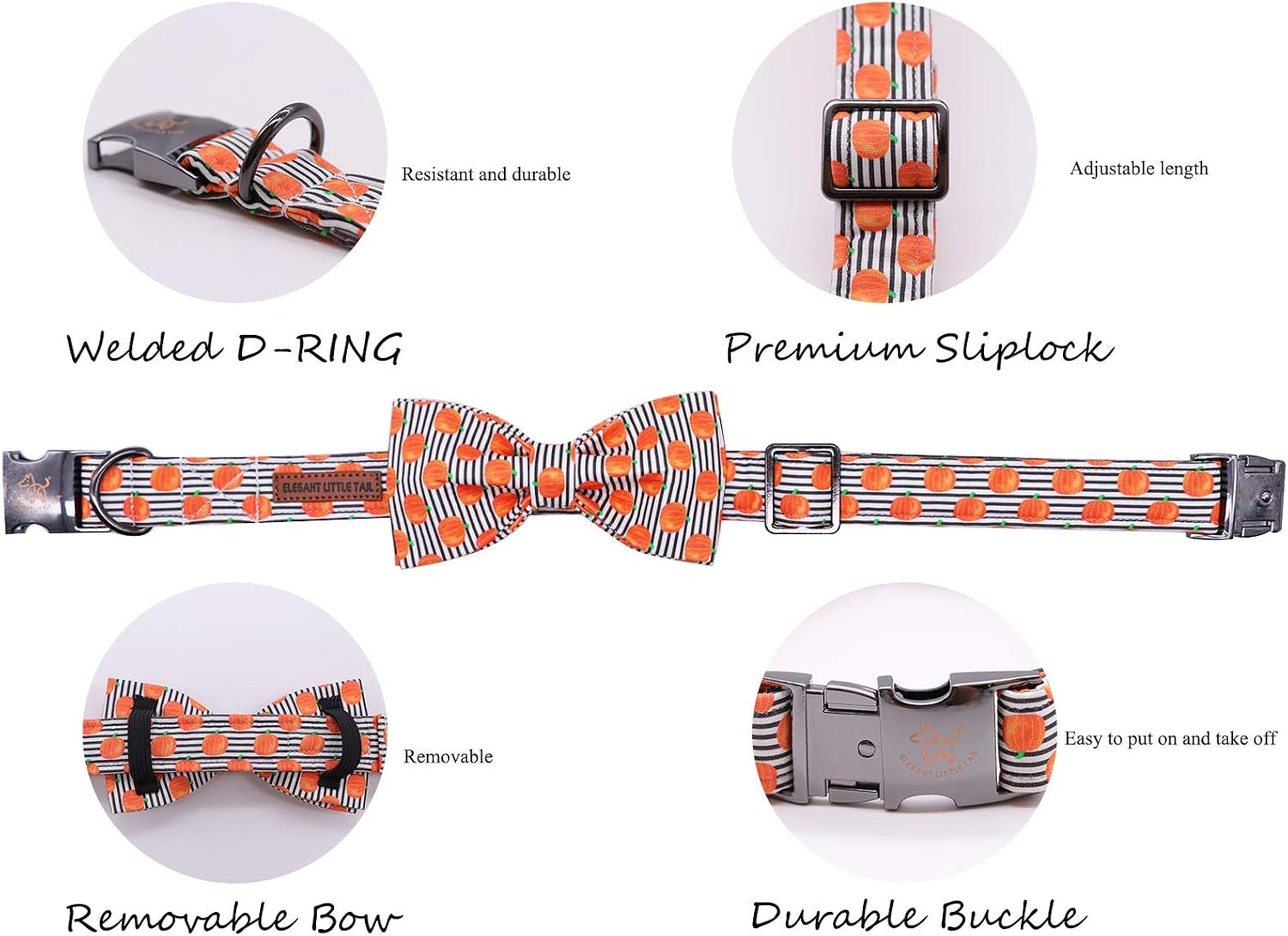 Halloween Dog Collar, Pumpkin Print Pet Collar Bowtie Dog Collar Holiday Adjustable Pet Gift Collars for Small Medium Large Dogs