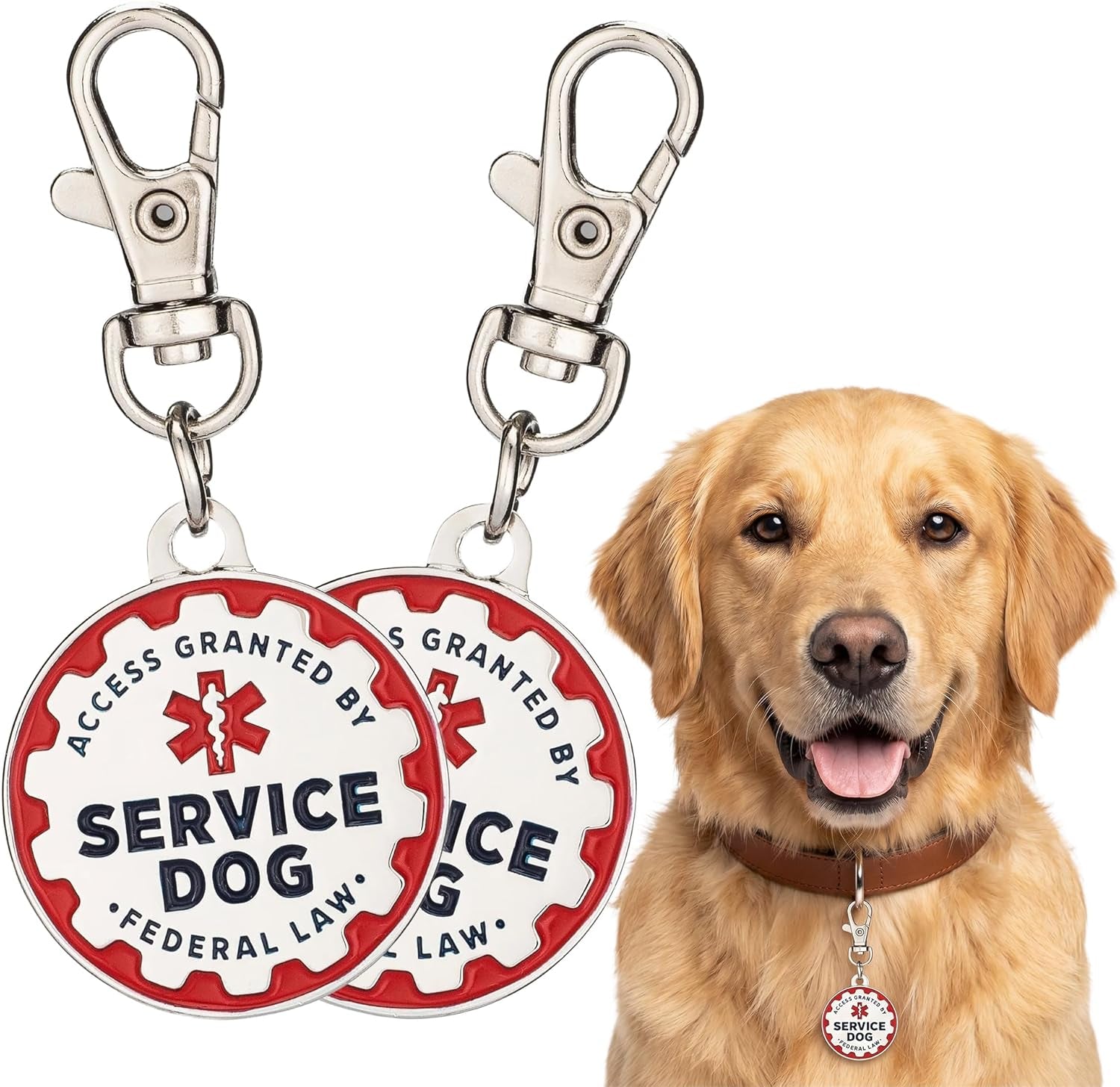 Service Dog Tag, 2 Pack: Metal Pet ID Tags for Service Animals, Emotional Support Dogs and Therapy Dogs, 1.25 Inch Diameter, Double Sided, Navy Lettering and Red Enamel Trim