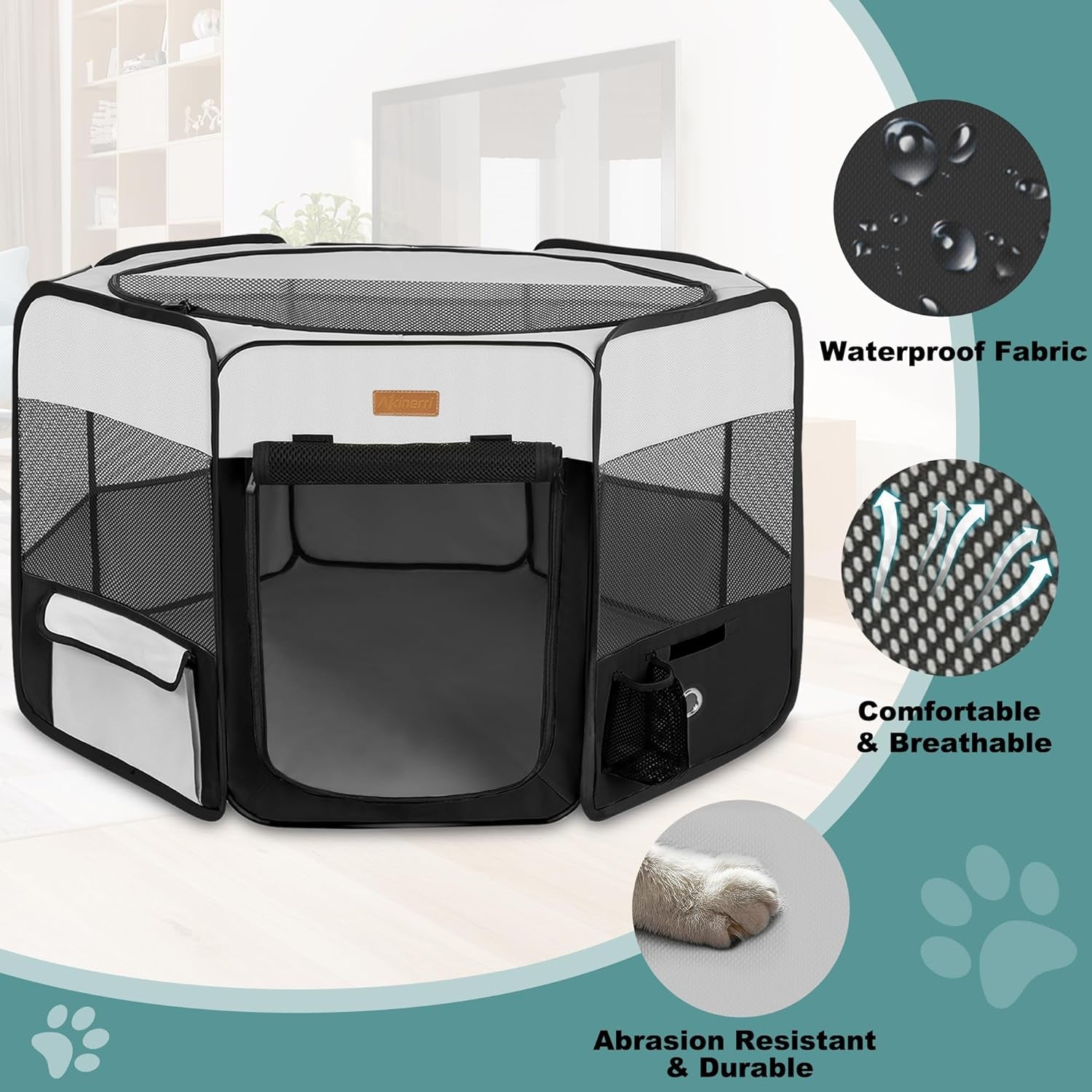 Portable Dog Playpen, Foldable Pet Play Pen for Puppy Cat, Black