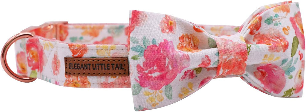 Dog Collar with Bow, Peach Floral Print Cotton & Webbing Bow Dog Collar Bow