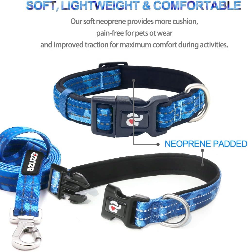 Reflective Dog Collar and Leash Set with Airtag Holder, Blue Camo Padded Collar with Matching Clip Handle Leash for Small Dogs