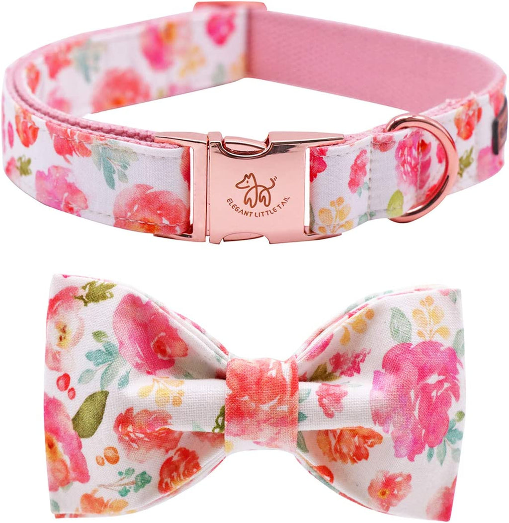 Dog Collar with Bow, Peach Floral Print Cotton & Webbing Bow Dog Collar Bow