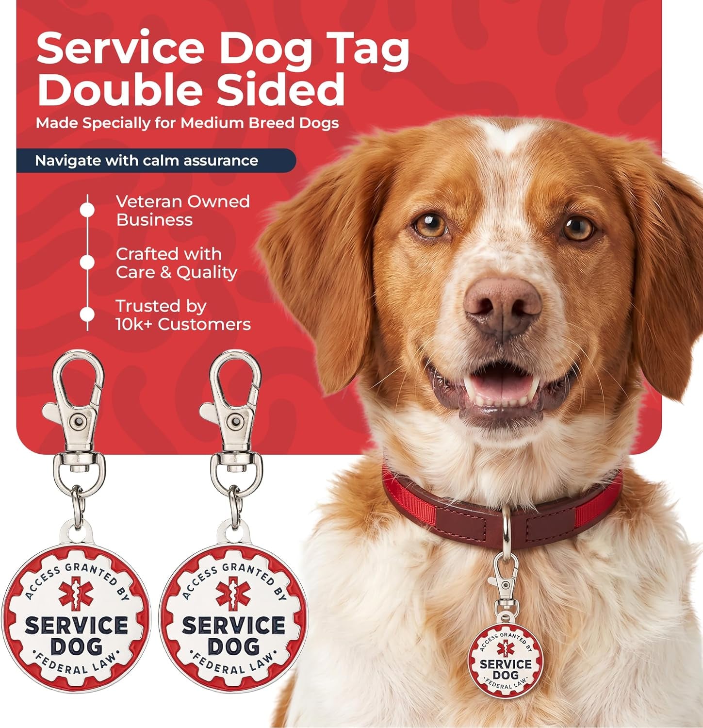 Service Dog Tag, 2 Pack: Metal Pet ID Tags for Service Animals, Emotional Support Dogs and Therapy Dogs, 1.25 Inch Diameter, Double Sided, Navy Lettering and Red Enamel Trim